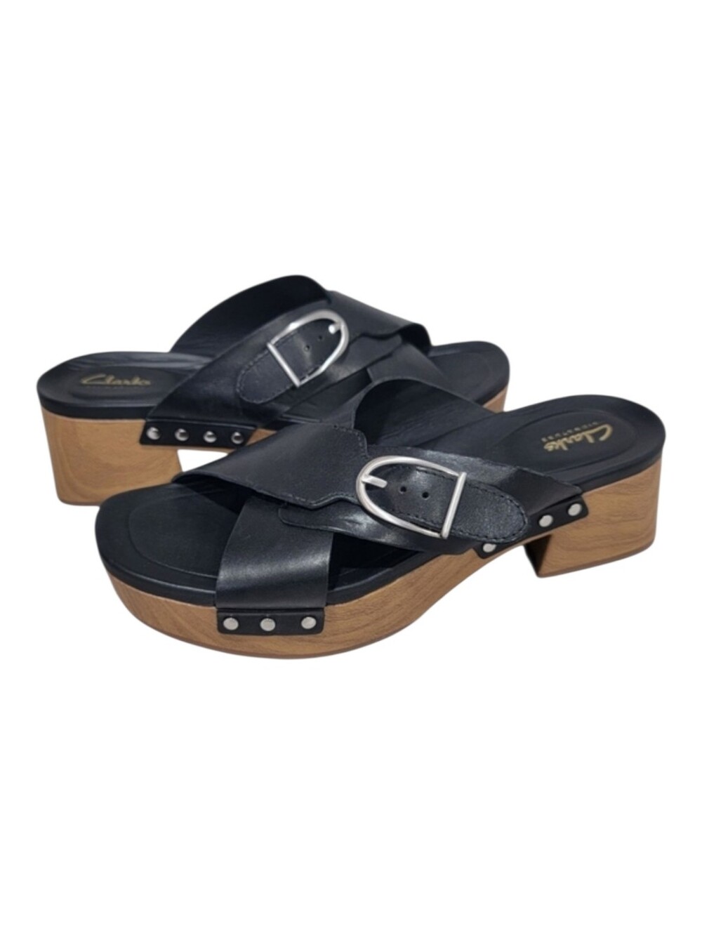 Clarks Sivanne Walk Wedge Sandal Black Leather Slip On Clog Slide Women’s 8.5